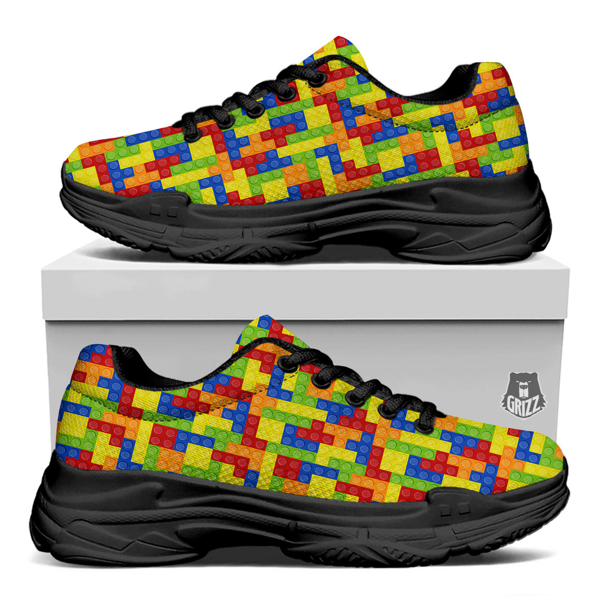 Building Blocks Colorful Print Pattern Black Chunky Shoes-grizzshop