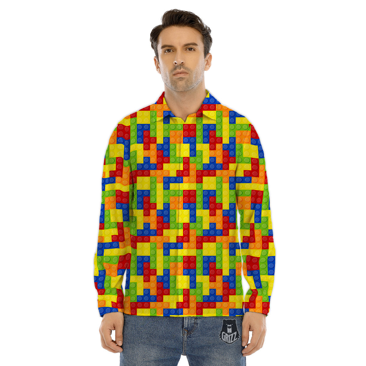 Building Blocks Colorful Print Pattern Men's Dress Shirts-grizzshop