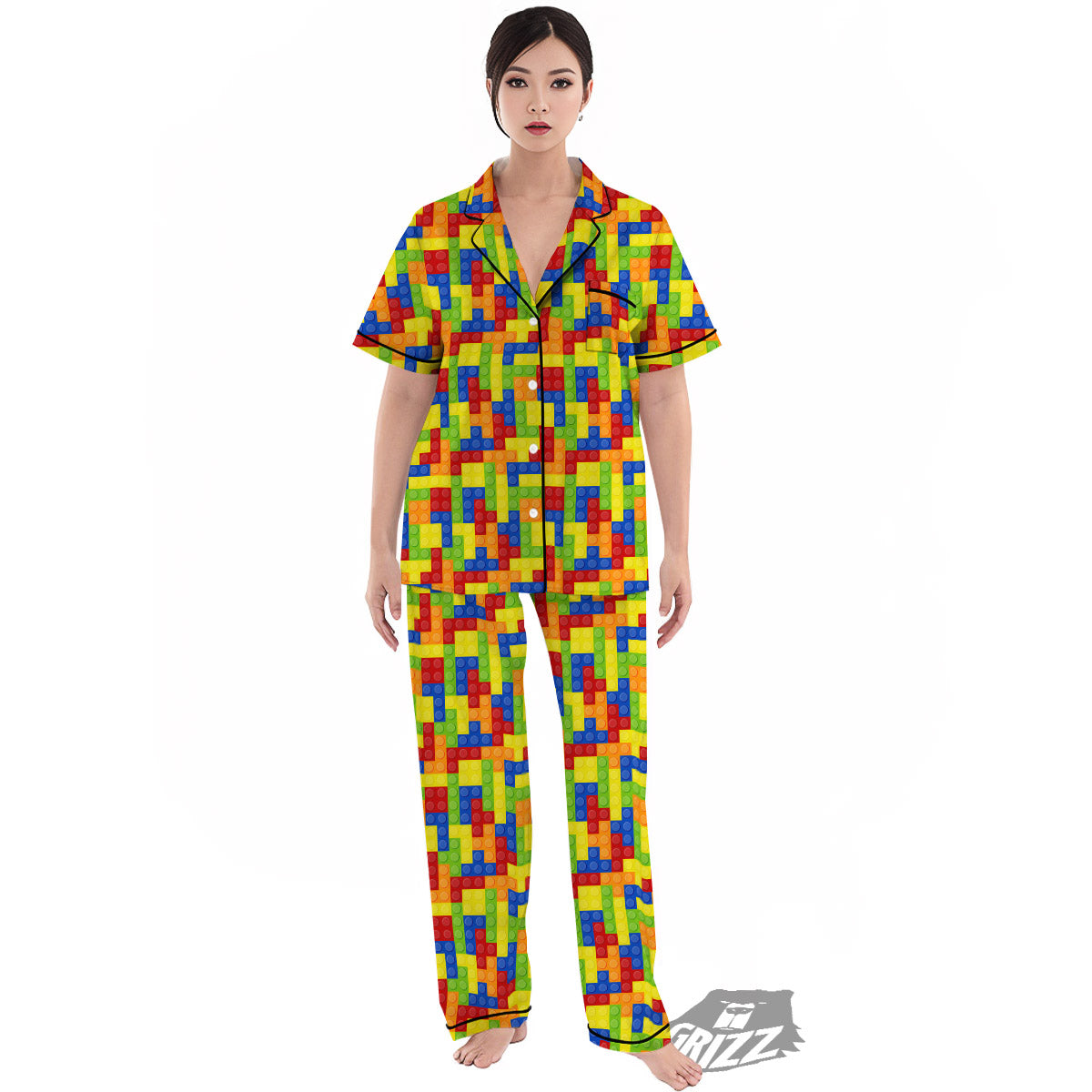 Building Blocks Colorful Print Pattern Women's Pajamas Set-grizzshop
