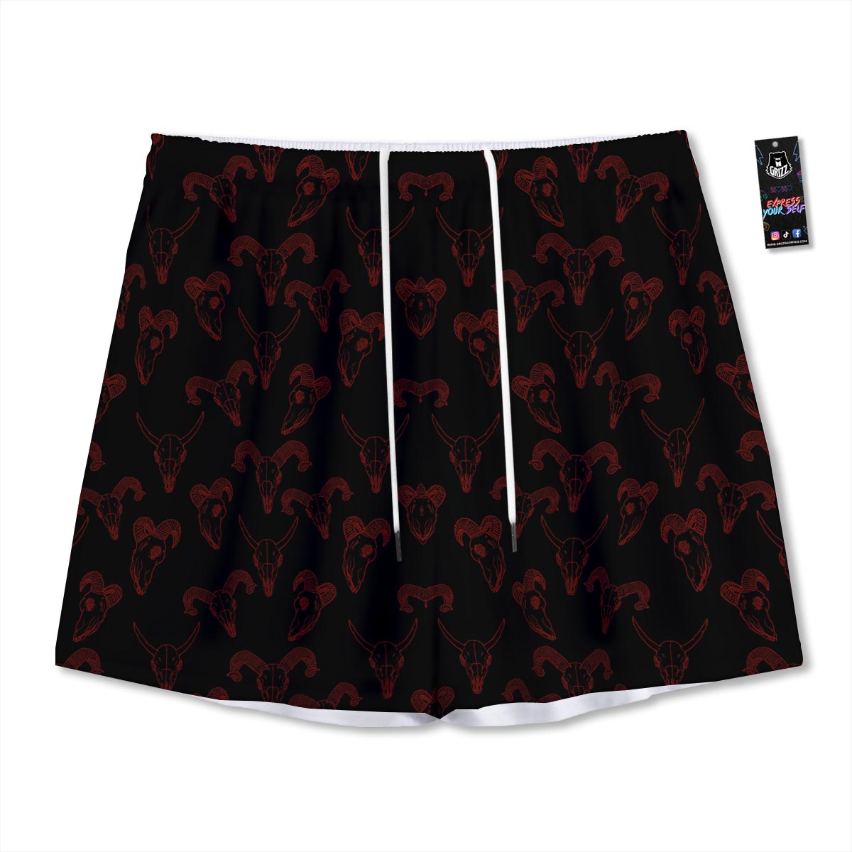 Bull Skull Black And Red Print Pattern Mesh Shorts