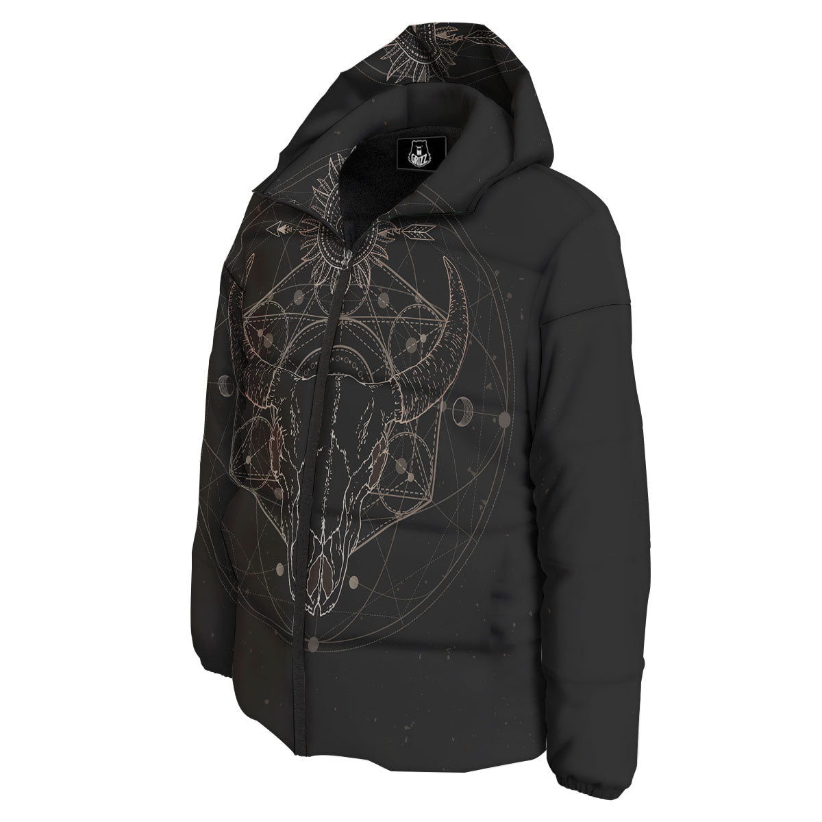 Bull Skull Geometric Print Down Jacket-grizzshop