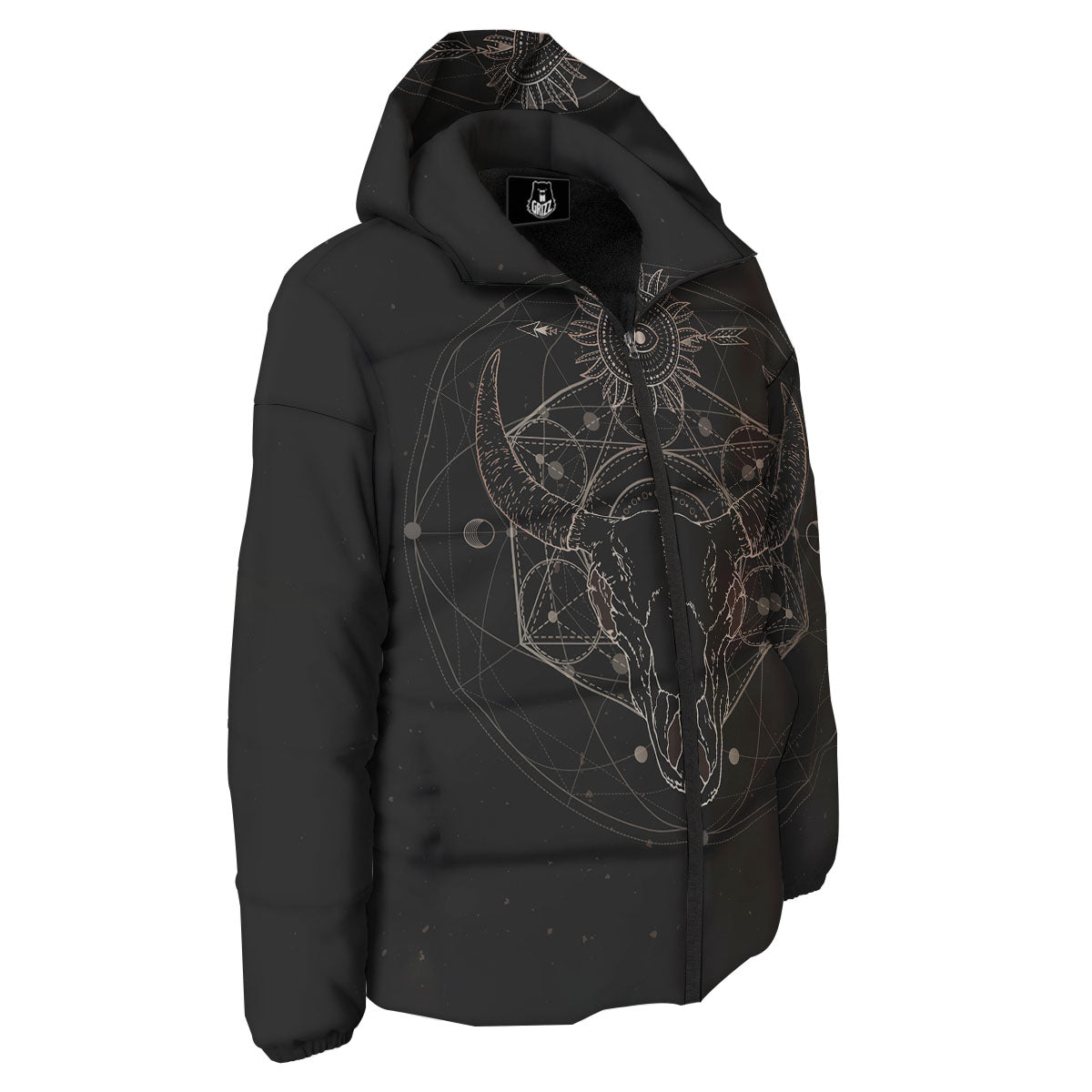Bull Skull Geometric Print Down Jacket-grizzshop