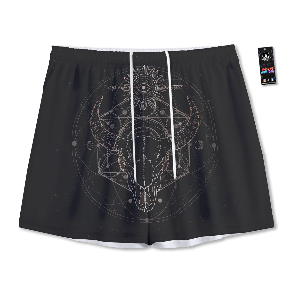 Bull Skull Geometric Print Mesh Shorts
