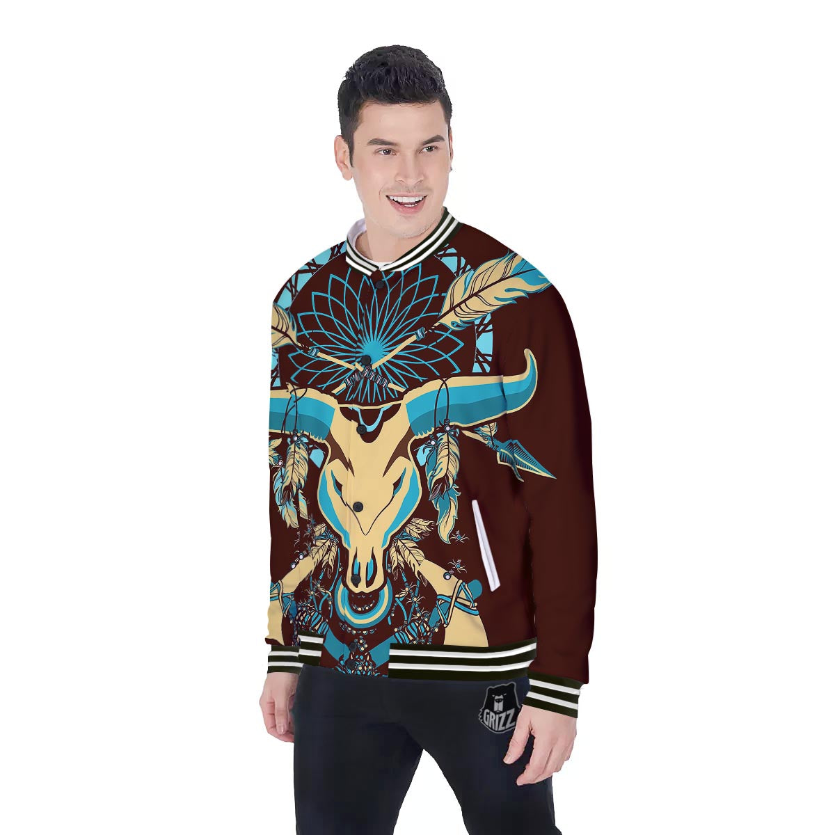 Bull Skull Indian Tribal Print Baseball Jacket-grizzshop