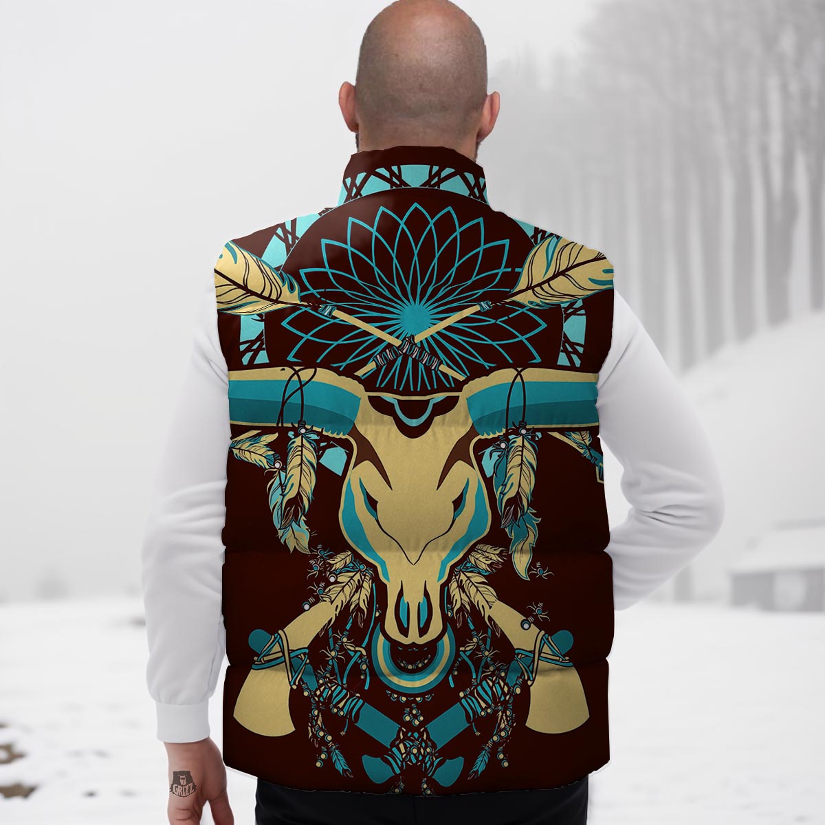 Bull Skull Indian Tribal Print Down Vest