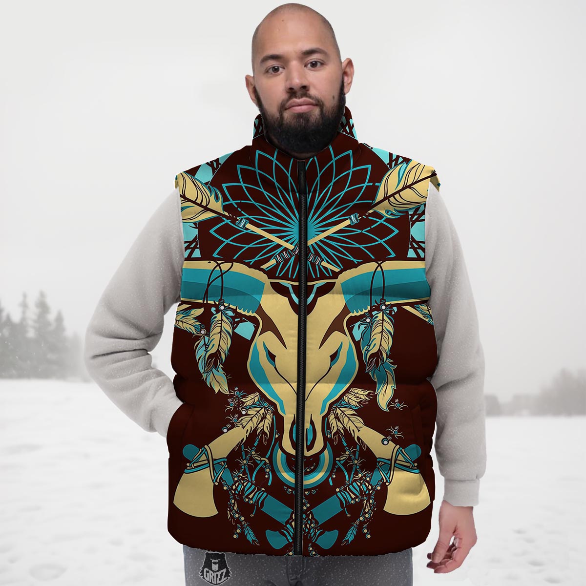 Bull Skull Indian Tribal Print Down Vest