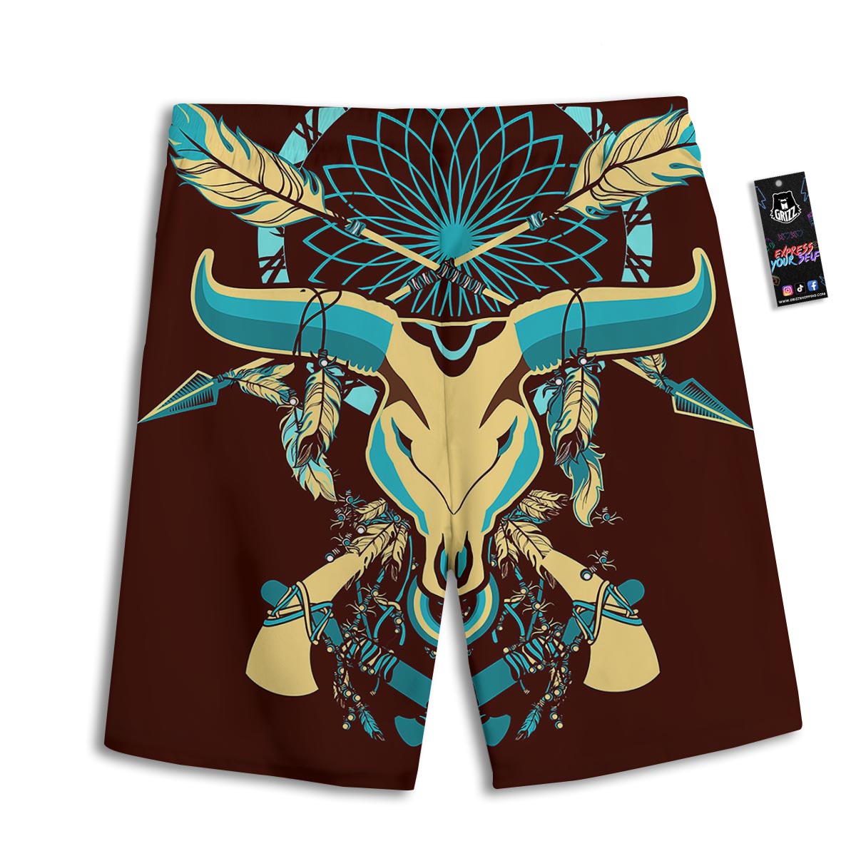 Bull Skull Indian Tribal Print Men's Athletic Shorts