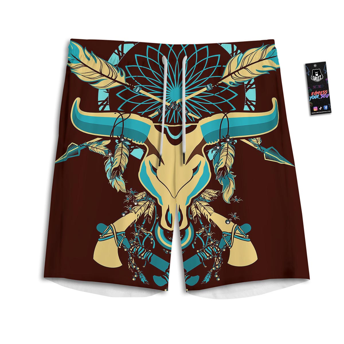 Bull Skull Indian Tribal Print Men's Athletic Shorts
