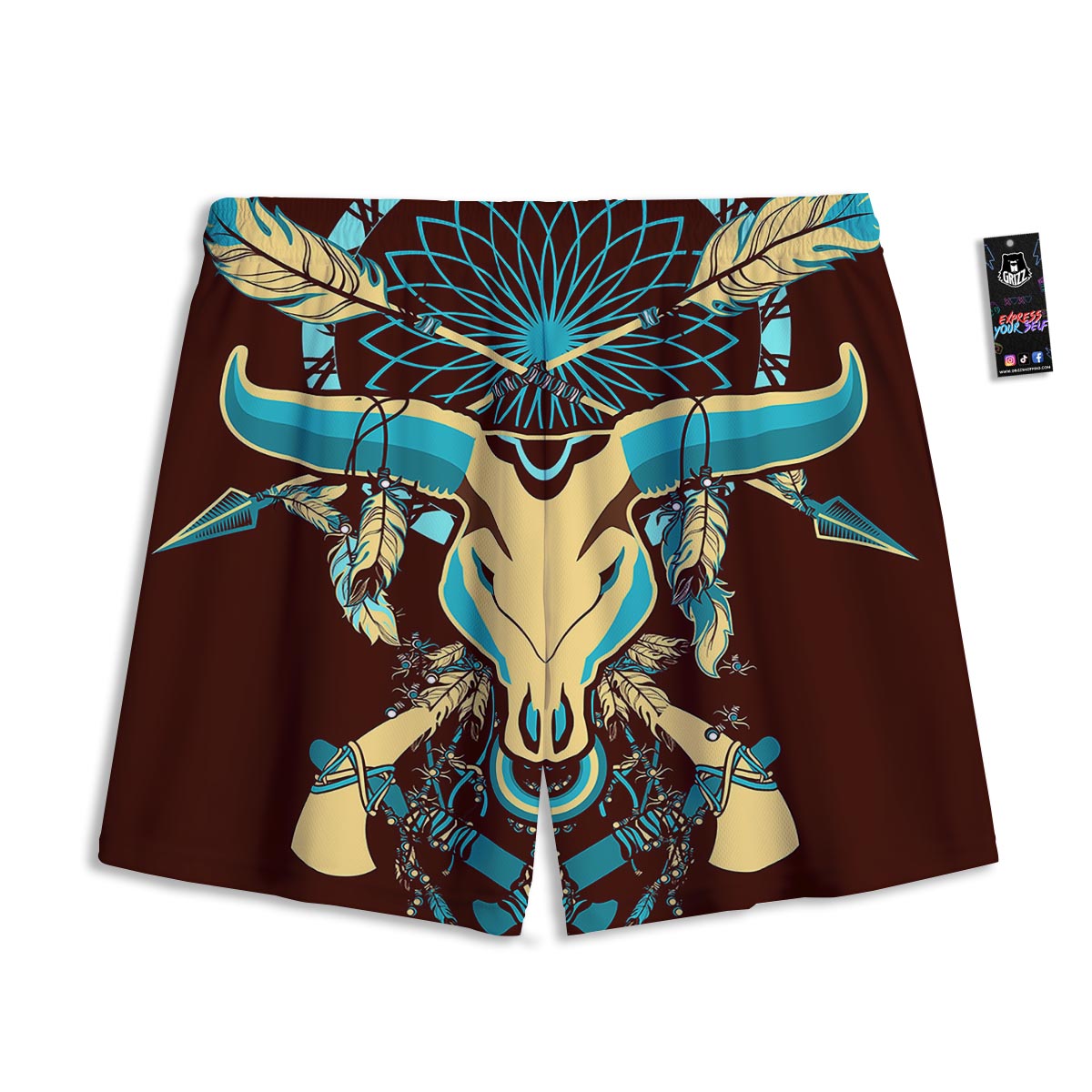 Bull Skull Indian Tribal Print Mesh Shorts