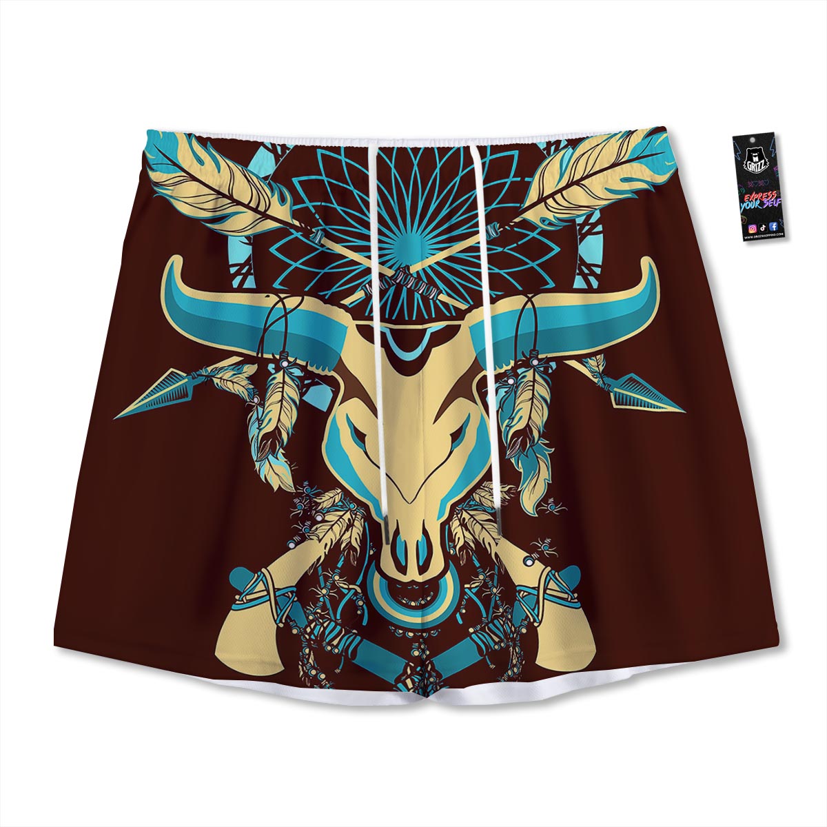 Bull Skull Indian Tribal Print Mesh Shorts