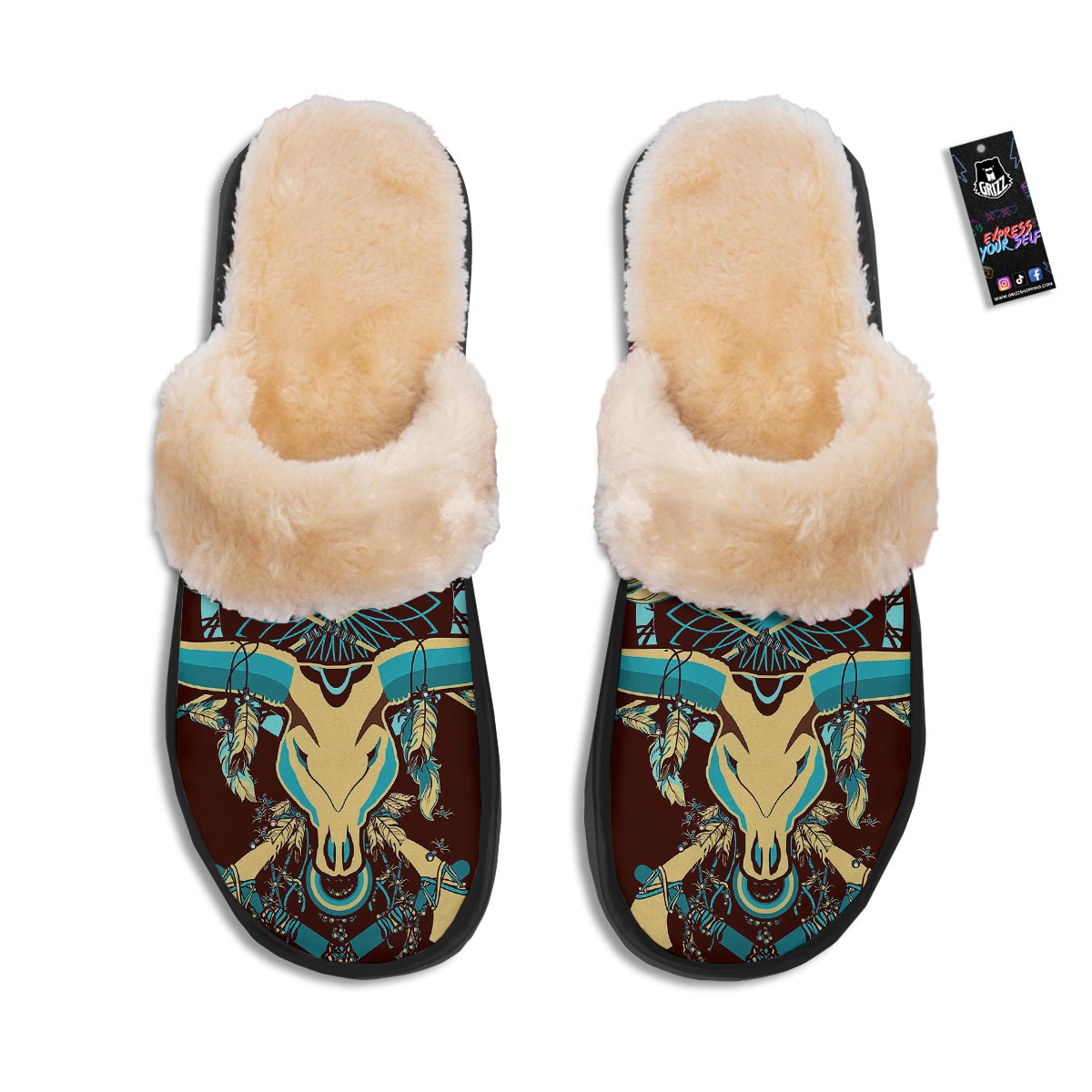 Bull Skull Indian Tribal Print Slippers-grizzshop