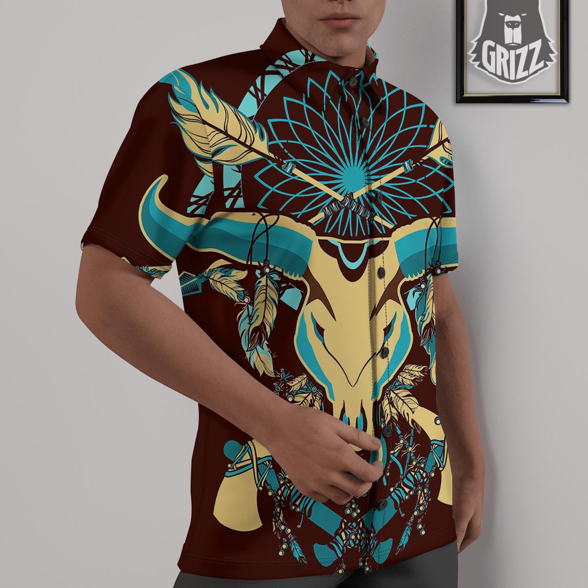 Bull Skull Indian Tribal Print Untucked Shirts-grizzshop