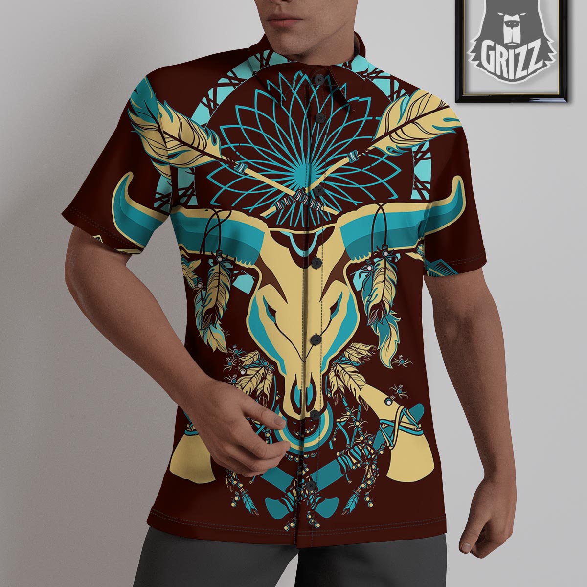 Bull Skull Indian Tribal Print Untucked Shirts-grizzshop