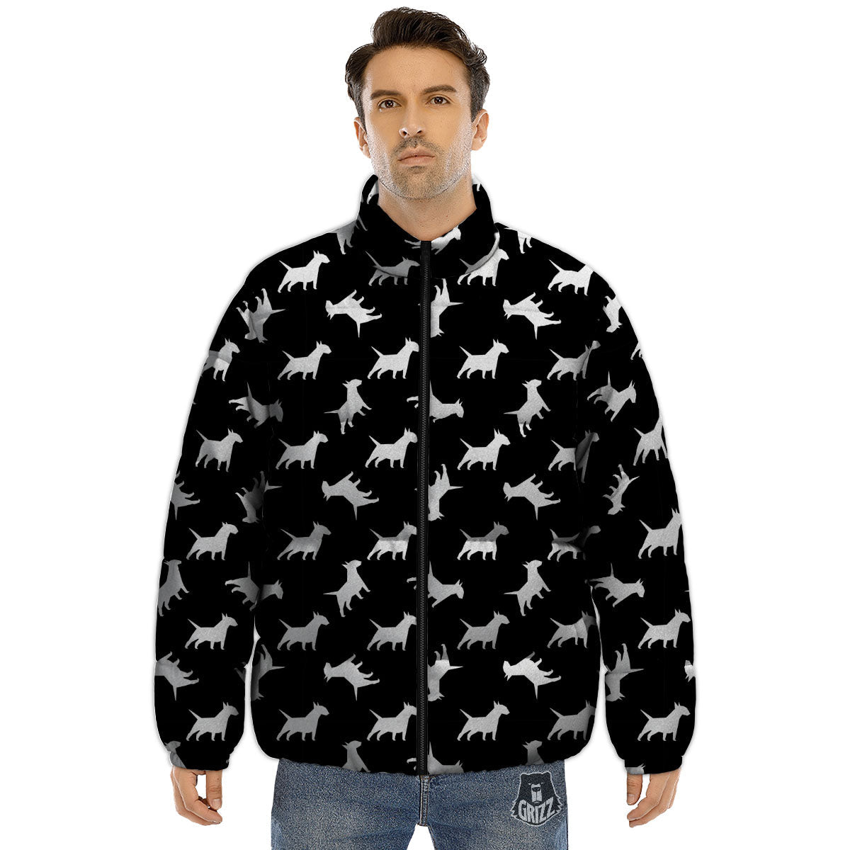 Bull Terrier Black Print Pattern Puffer Jacket-grizzshop