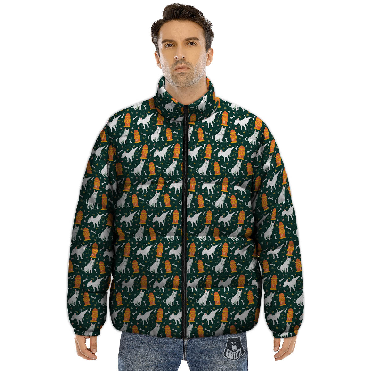 Bull Terrier Cartoon Print Pattern Puffer Jacket-grizzshop