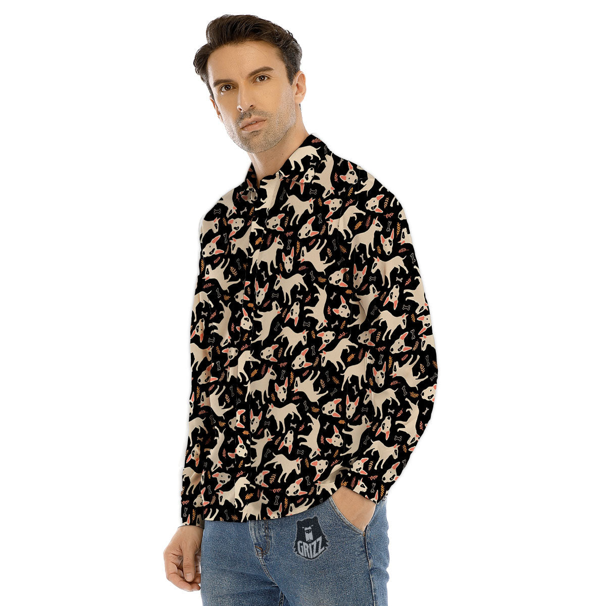Bull Terrier Doodle Print Pattern Men's Dress Shirts-grizzshop