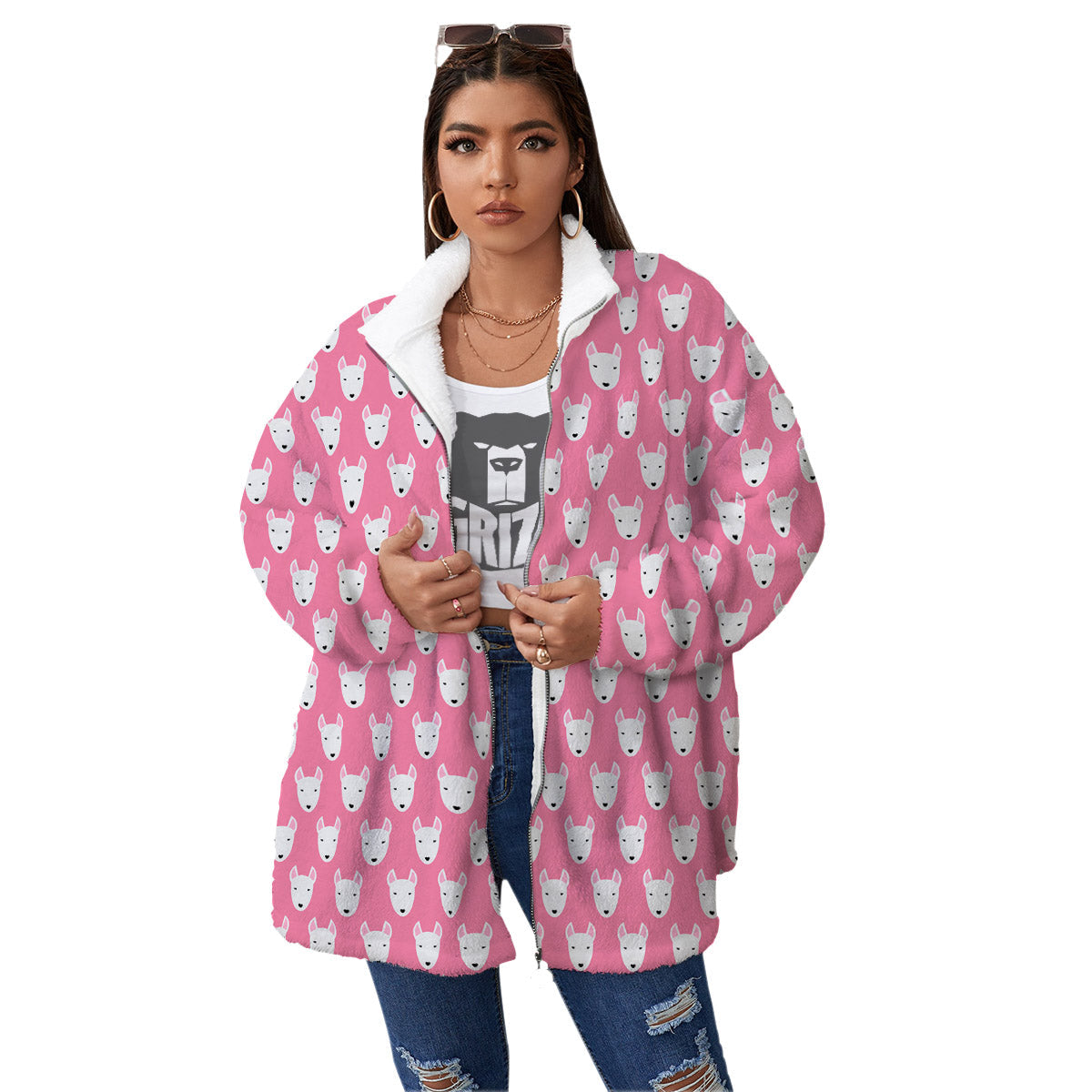 Bull Terrier Faces Cute Print Pattern Women's Sherpa Jacket-grizzshop