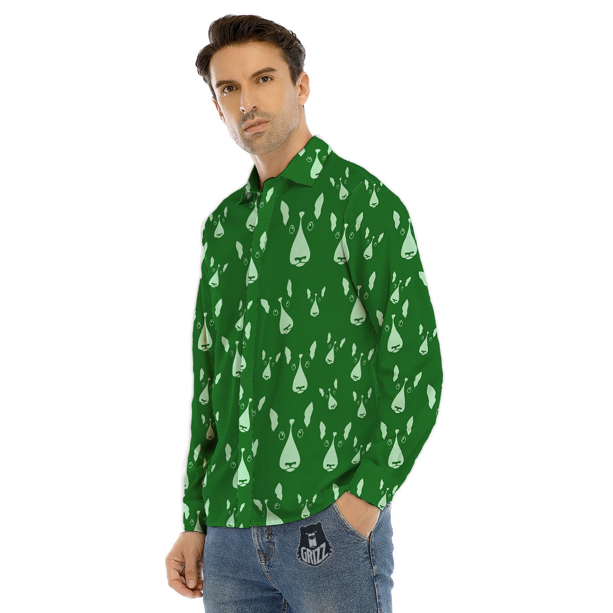 Bull Terrier Green Print Pattern Men's Dress Shirts-grizzshop