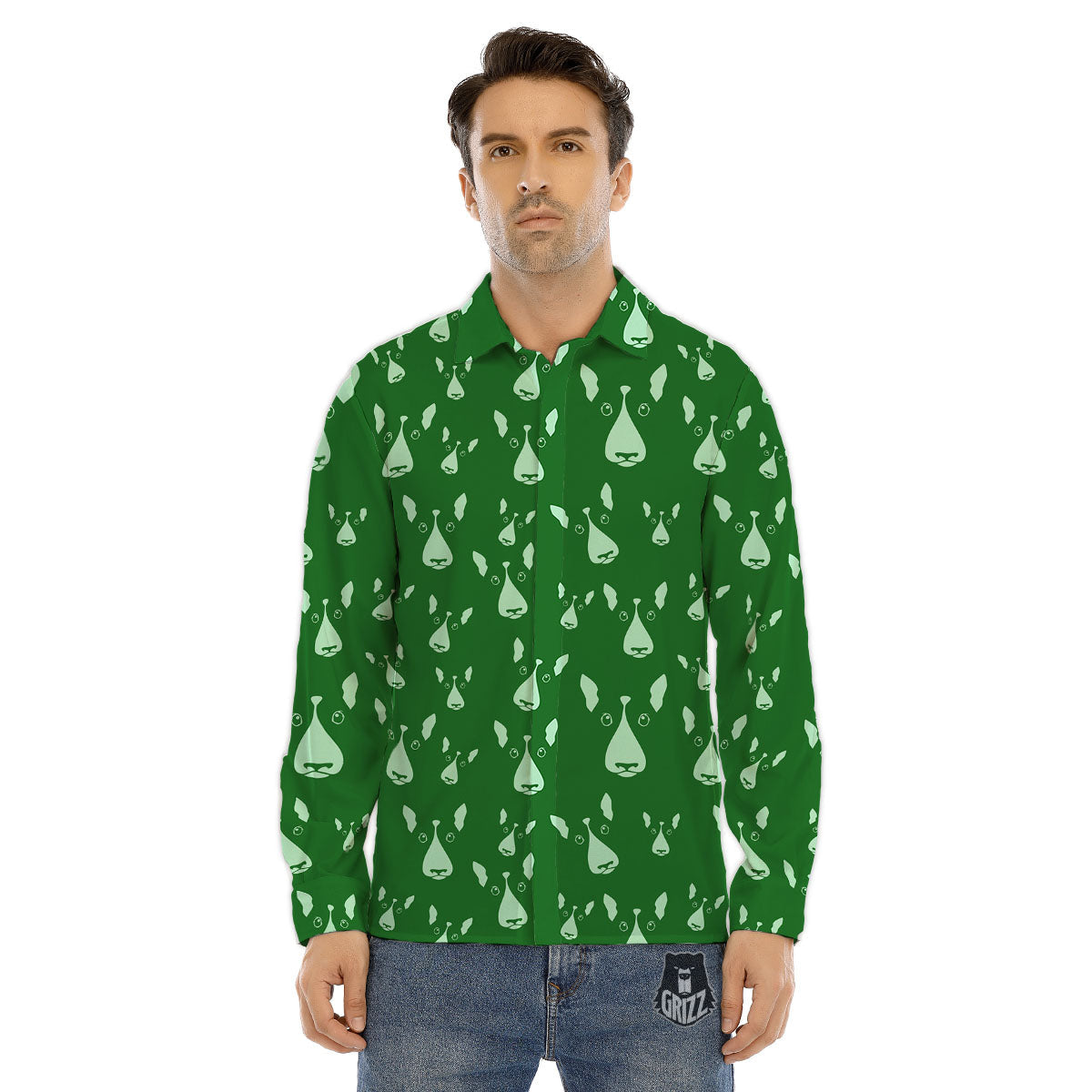 Bull Terrier Green Print Pattern Men's Dress Shirts-grizzshop