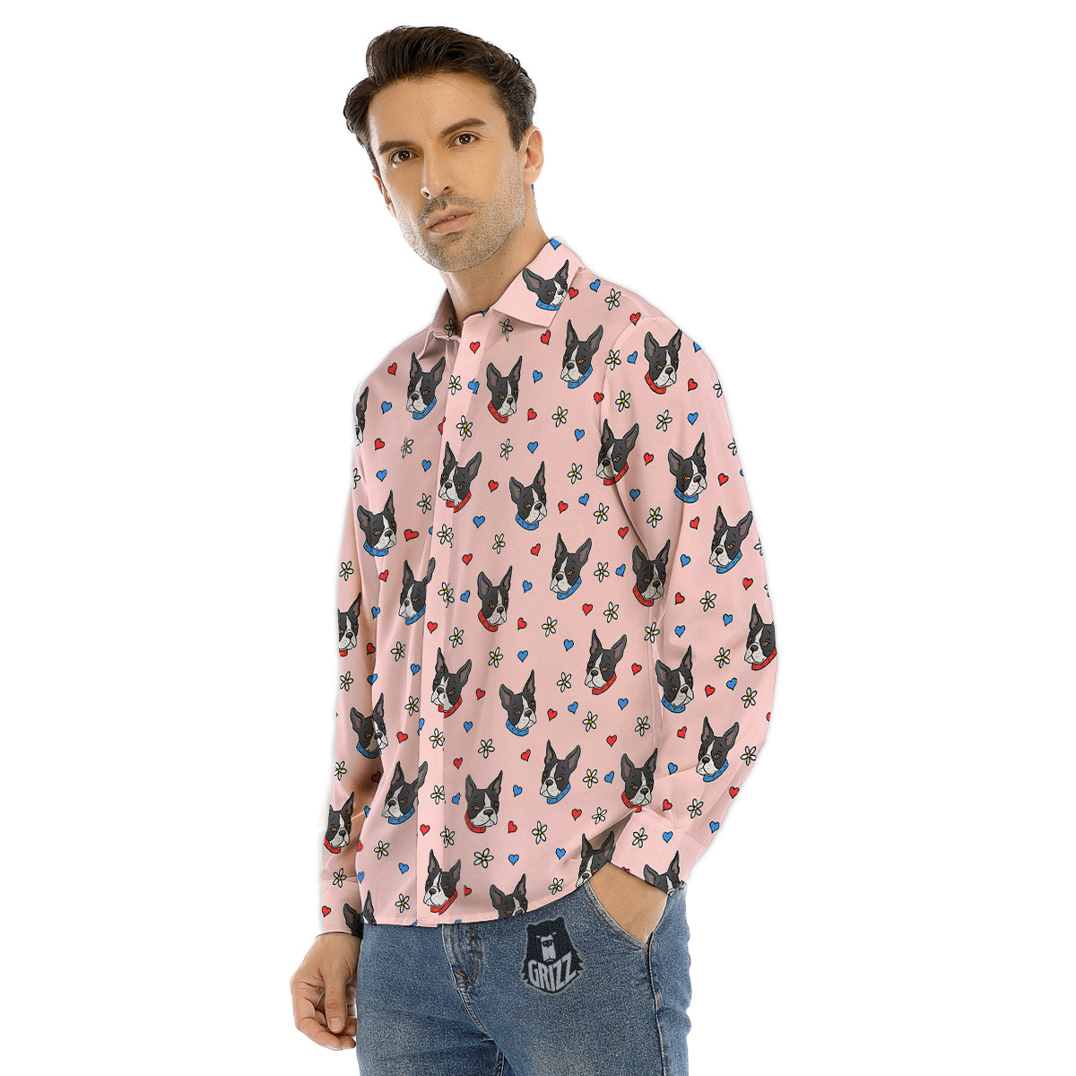Bull Terrier Pink Print Pattern Men's Dress Shirts-grizzshop