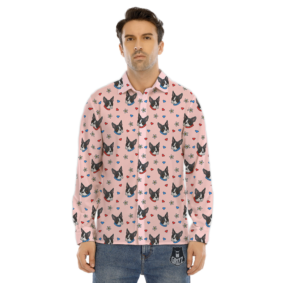 Bull Terrier Pink Print Pattern Men's Dress Shirts-grizzshop