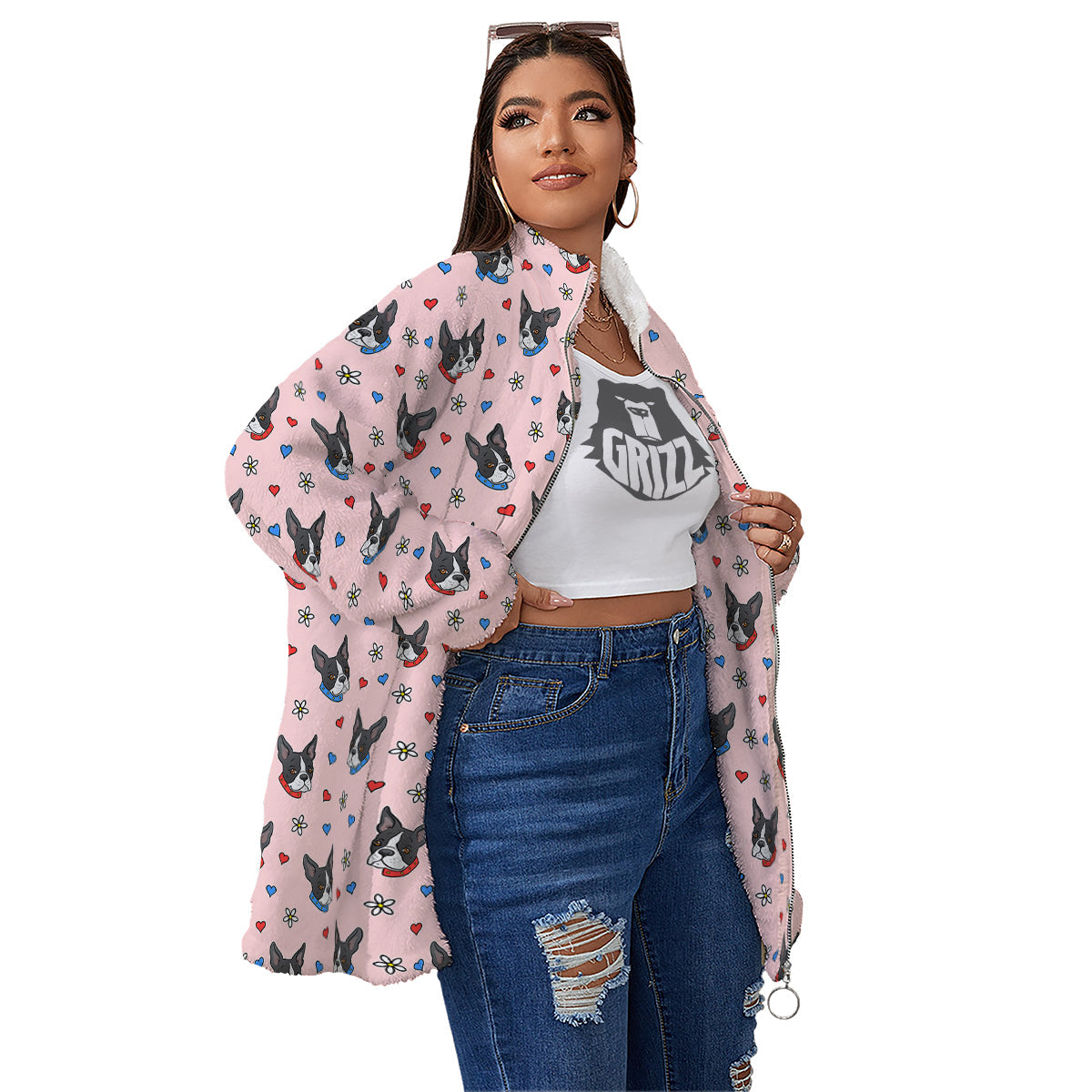 Bull Terrier Pink Print Pattern Women's Sherpa Jacket-grizzshop