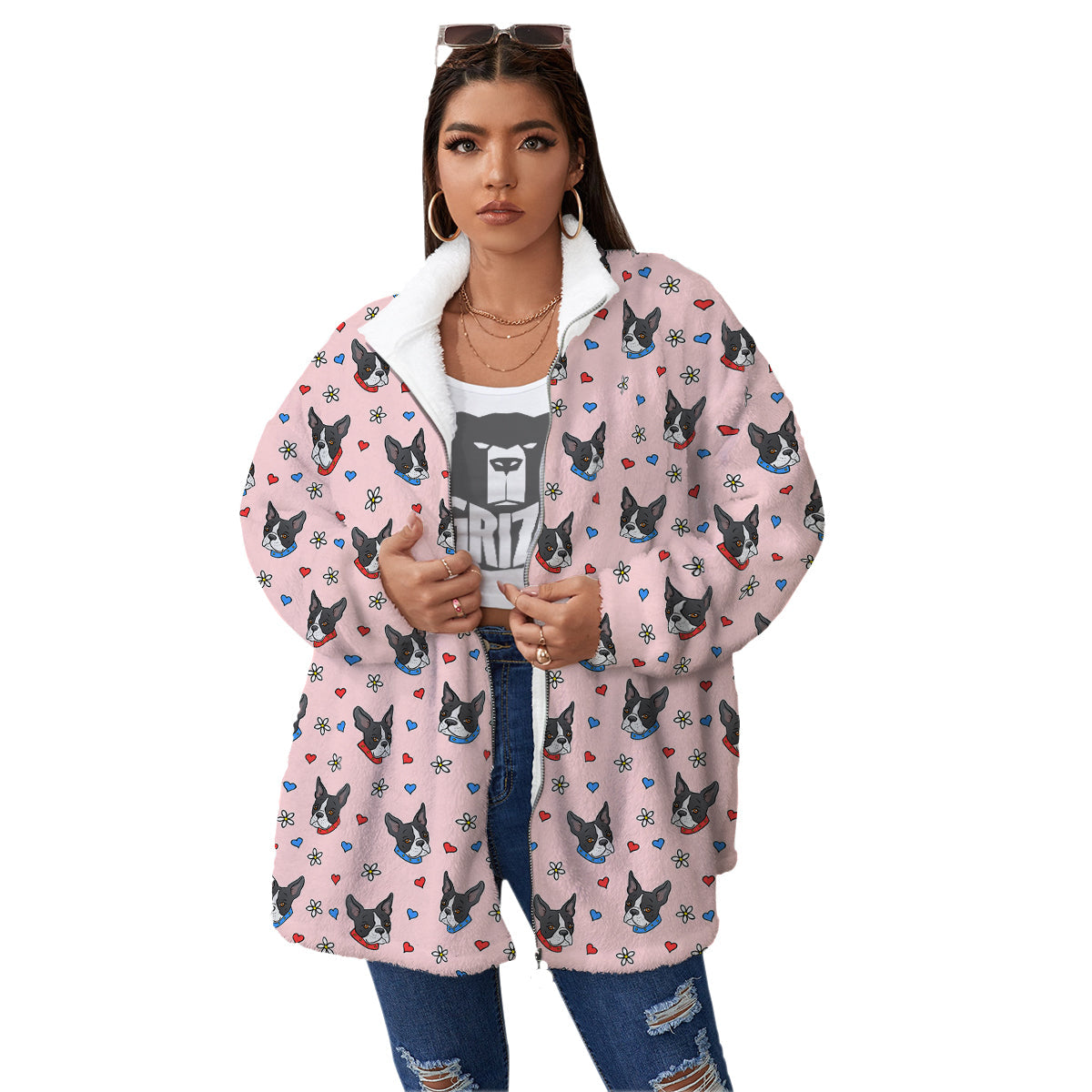 Bull Terrier Pink Print Pattern Women's Sherpa Jacket-grizzshop