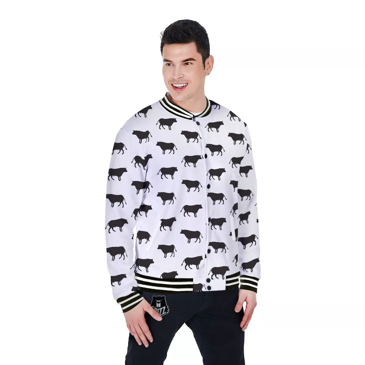 Bull White And Black Print Pattern Baseball Jacket-grizzshop
