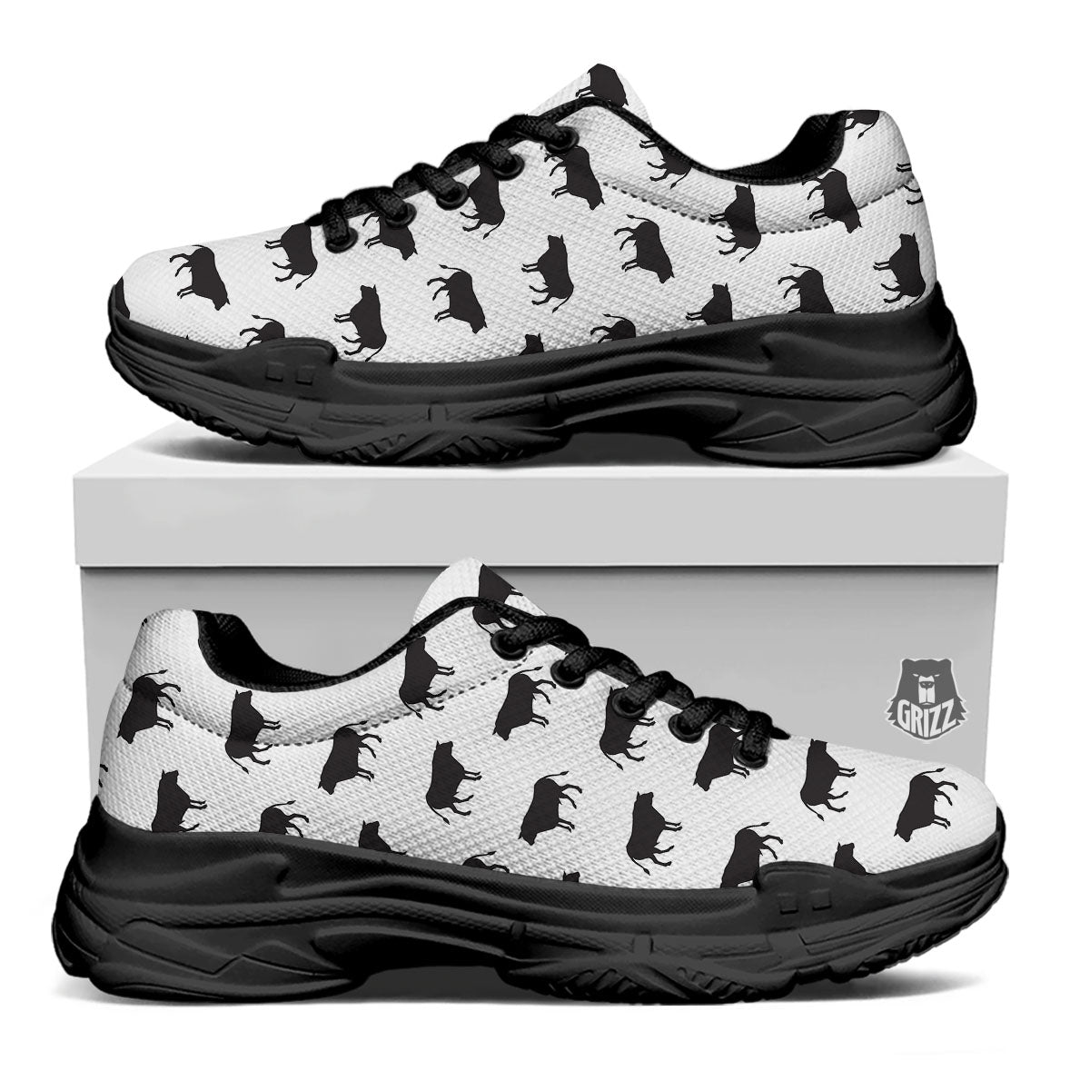 Bull White And Black Print Pattern Black Chunky Shoes-grizzshop