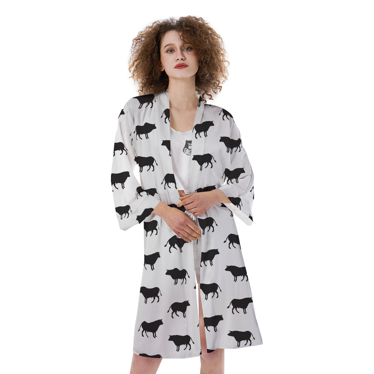 Bull White And Black Print Pattern Kimono-grizzshop