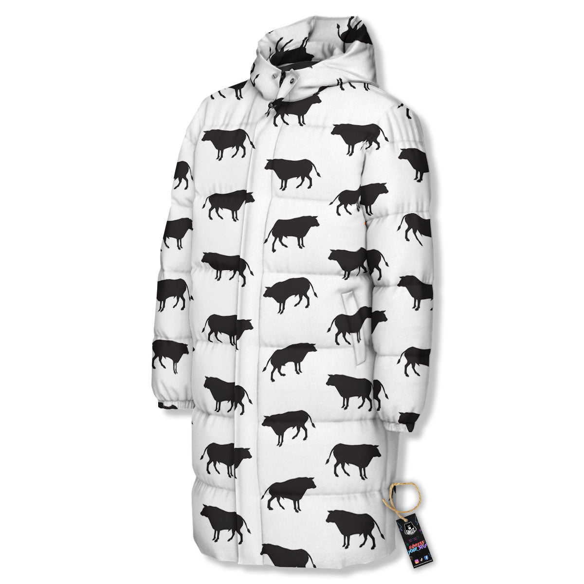 Bull White And Black Print Pattern Long Down Jacket-grizzshop