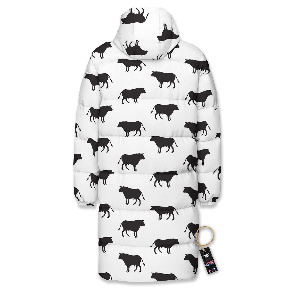 Bull White And Black Print Pattern Long Down Jacket-grizzshop