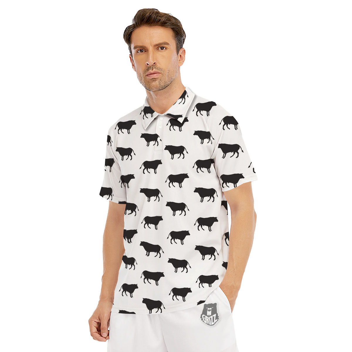 Bull White And Black Print Pattern Men's Golf Shirts-grizzshop
