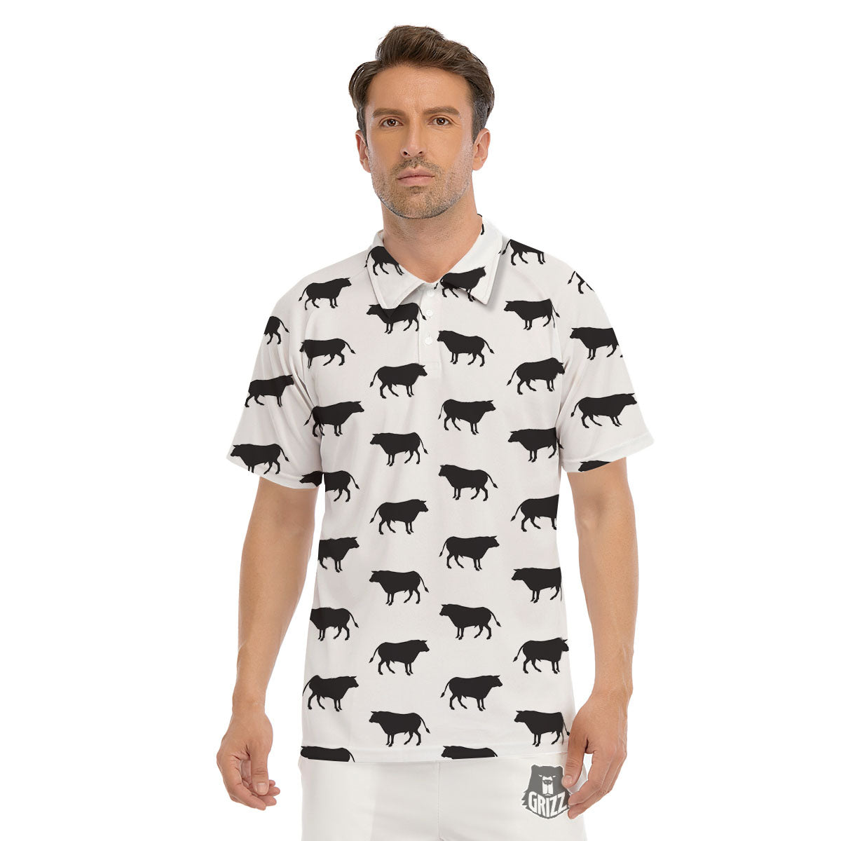 Bull White And Black Print Pattern Men's Golf Shirts-grizzshop