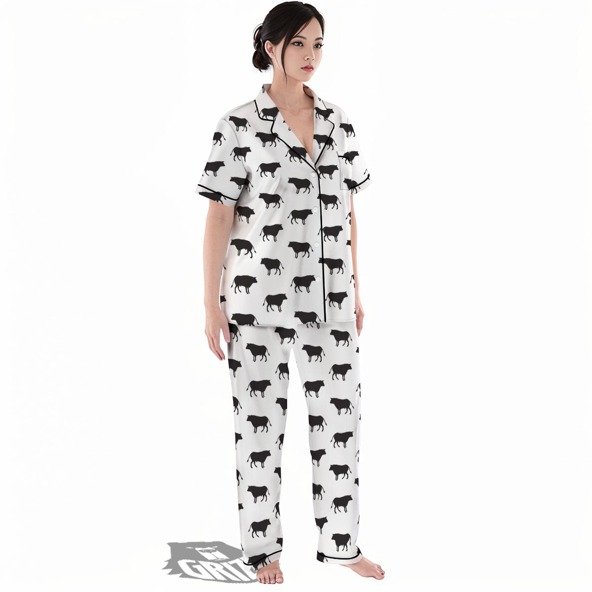 Bull White And Black Print Pattern Women's Pajamas Set-grizzshop