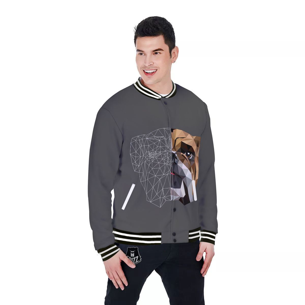 Bulldog Geometric English Print Baseball Jacket-grizzshop