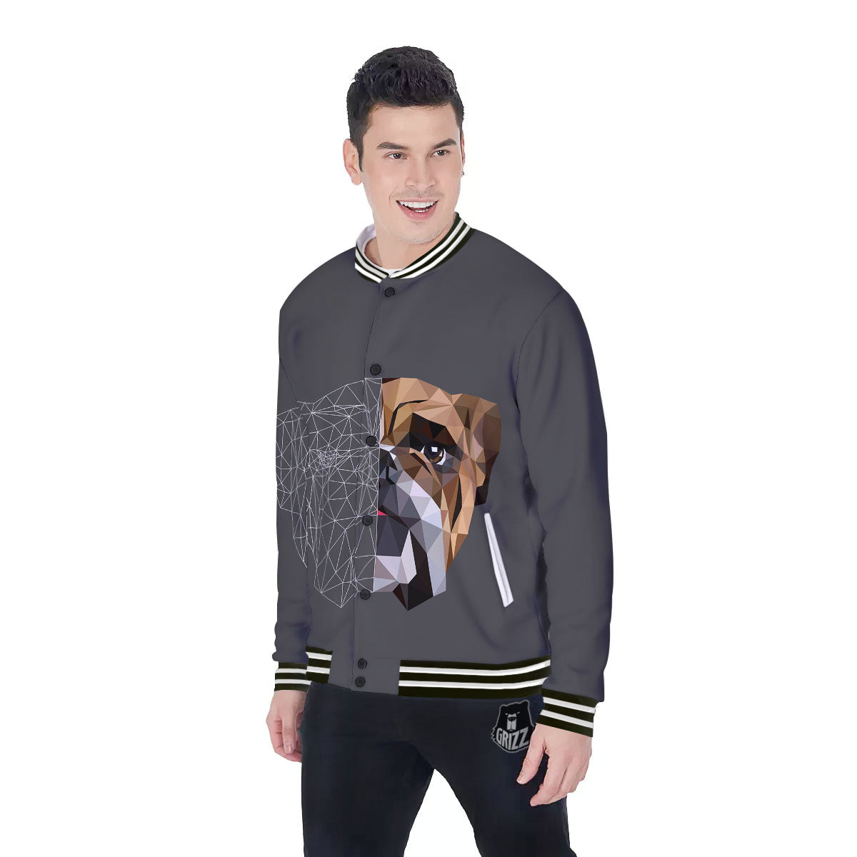 Bulldog Geometric English Print Baseball Jacket-grizzshop