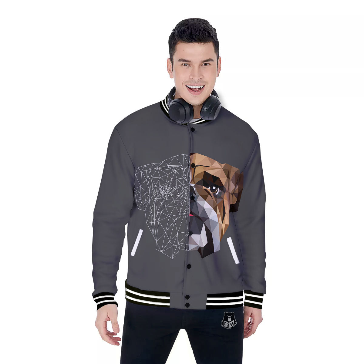 Bulldog Geometric English Print Baseball Jacket-grizzshop