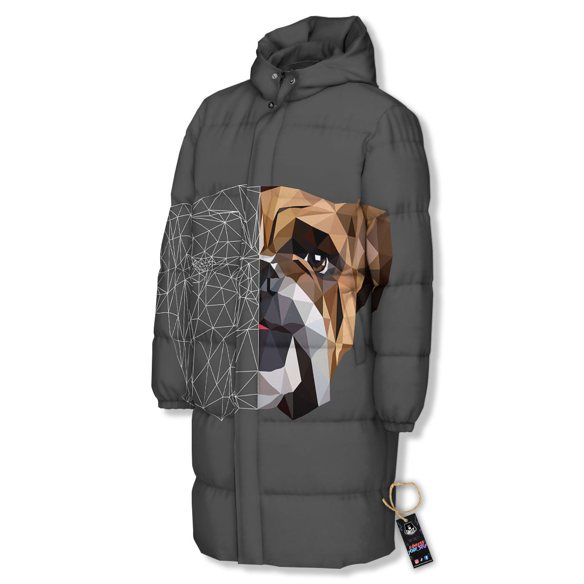 Bulldog Geometric English Print Long Down Jacket-grizzshop