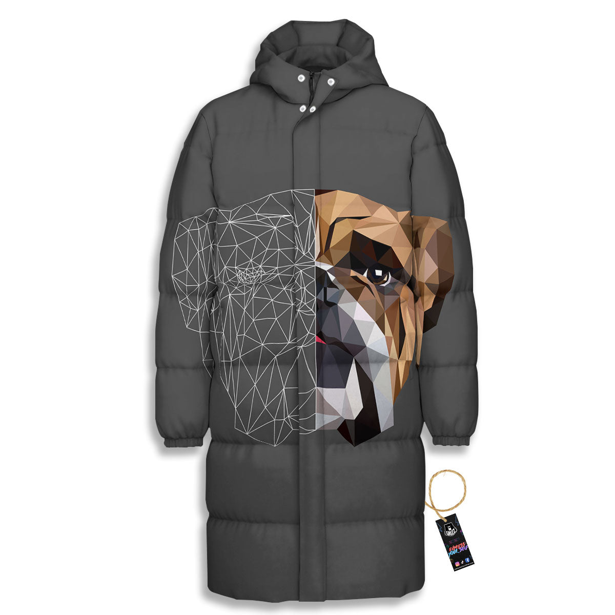 Bulldog Geometric English Print Long Down Jacket-grizzshop