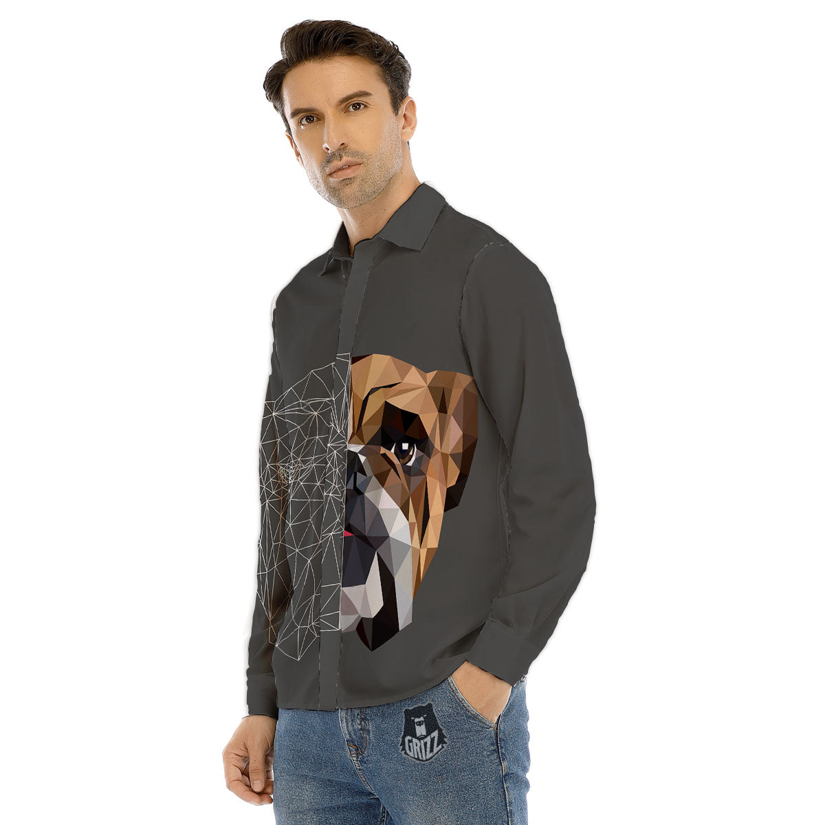 Bulldog Geometric English Print Men's Dress Shirts-grizzshop