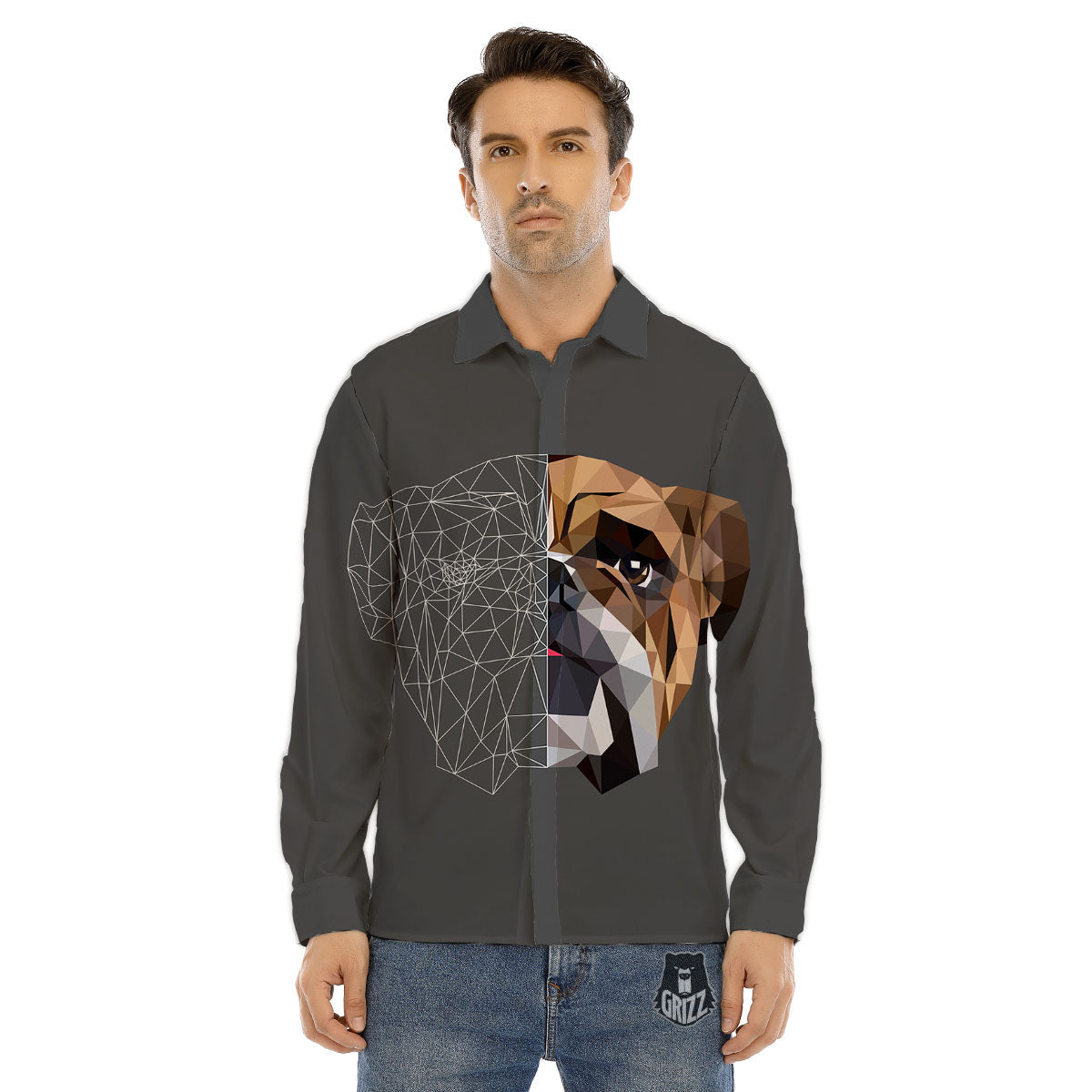 Bulldog Geometric English Print Men's Dress Shirts-grizzshop