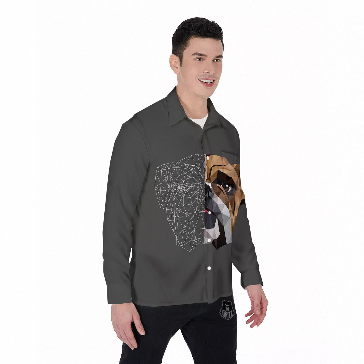 Bulldog Geometric English Print Men's Long Sleeve Shirts-grizzshop