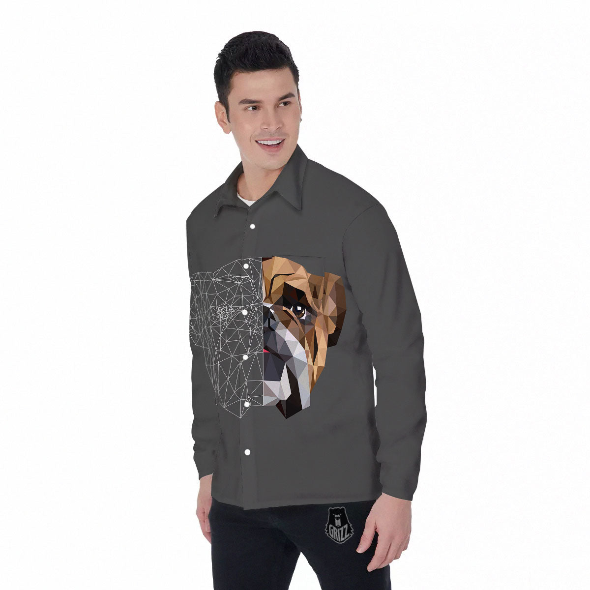 Bulldog Geometric English Print Men's Long Sleeve Shirts-grizzshop