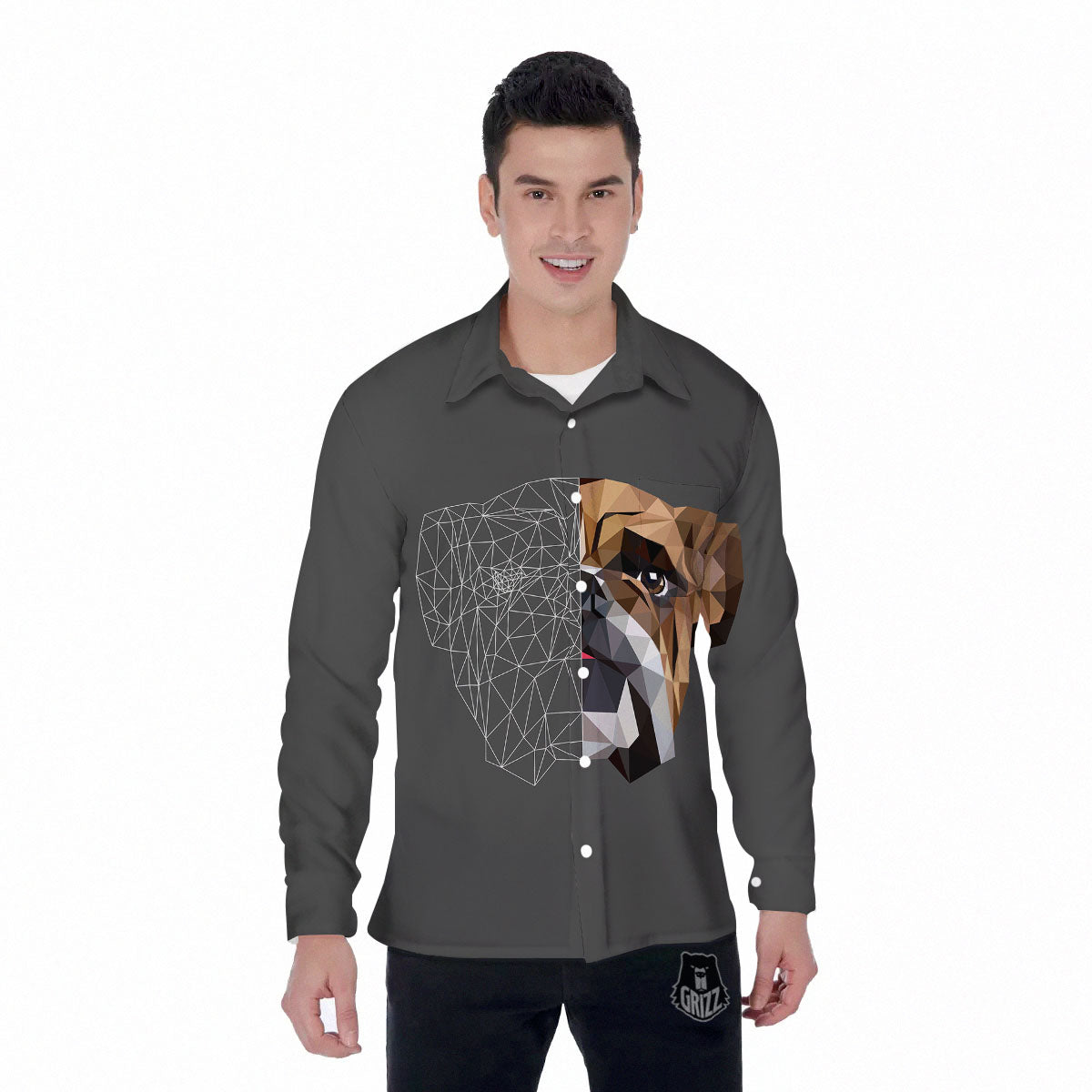 Bulldog Geometric English Print Men's Long Sleeve Shirts-grizzshop