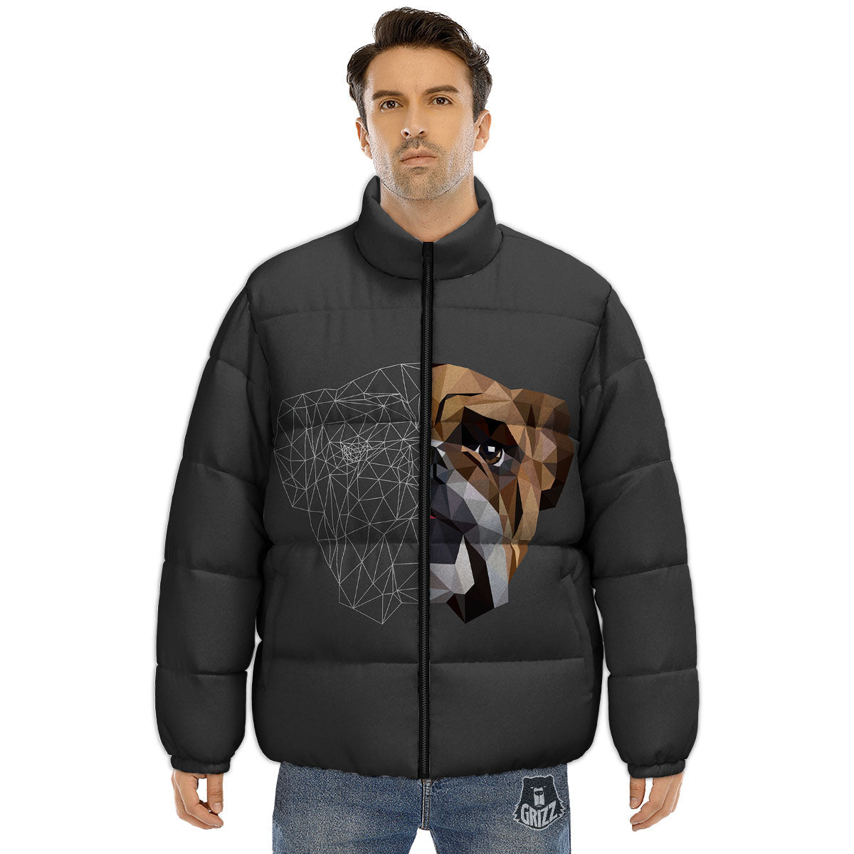 Bulldog Geometric English Print Puffer Jacket-grizzshop