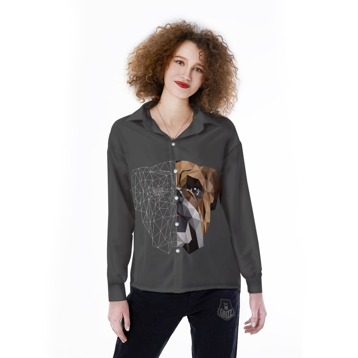 Bulldog Geometric English Print Women's Long Sleeve Shirts-grizzshop