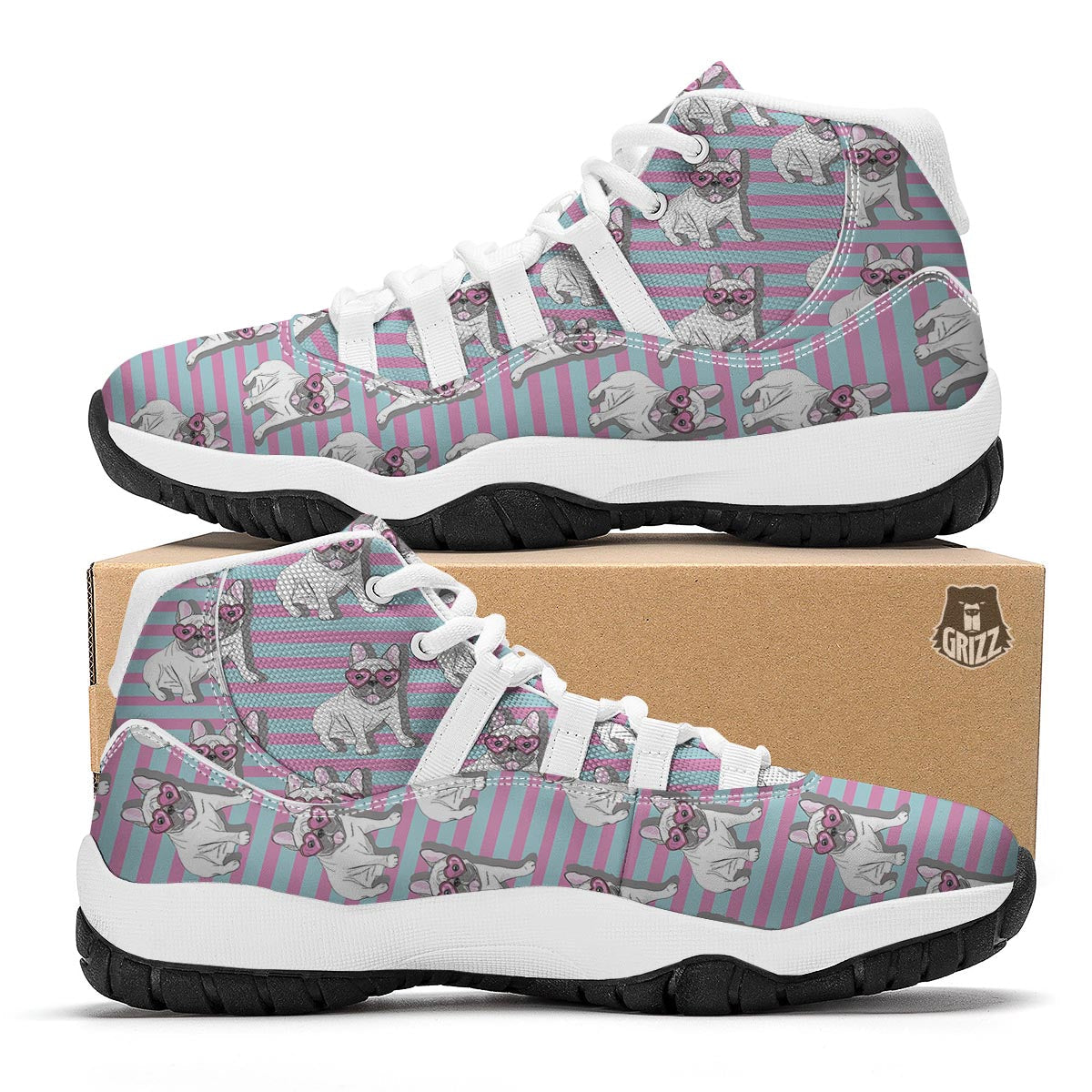 Bulldog Heart Sunglasses Pattern Print White Bball Shoes-grizzshop