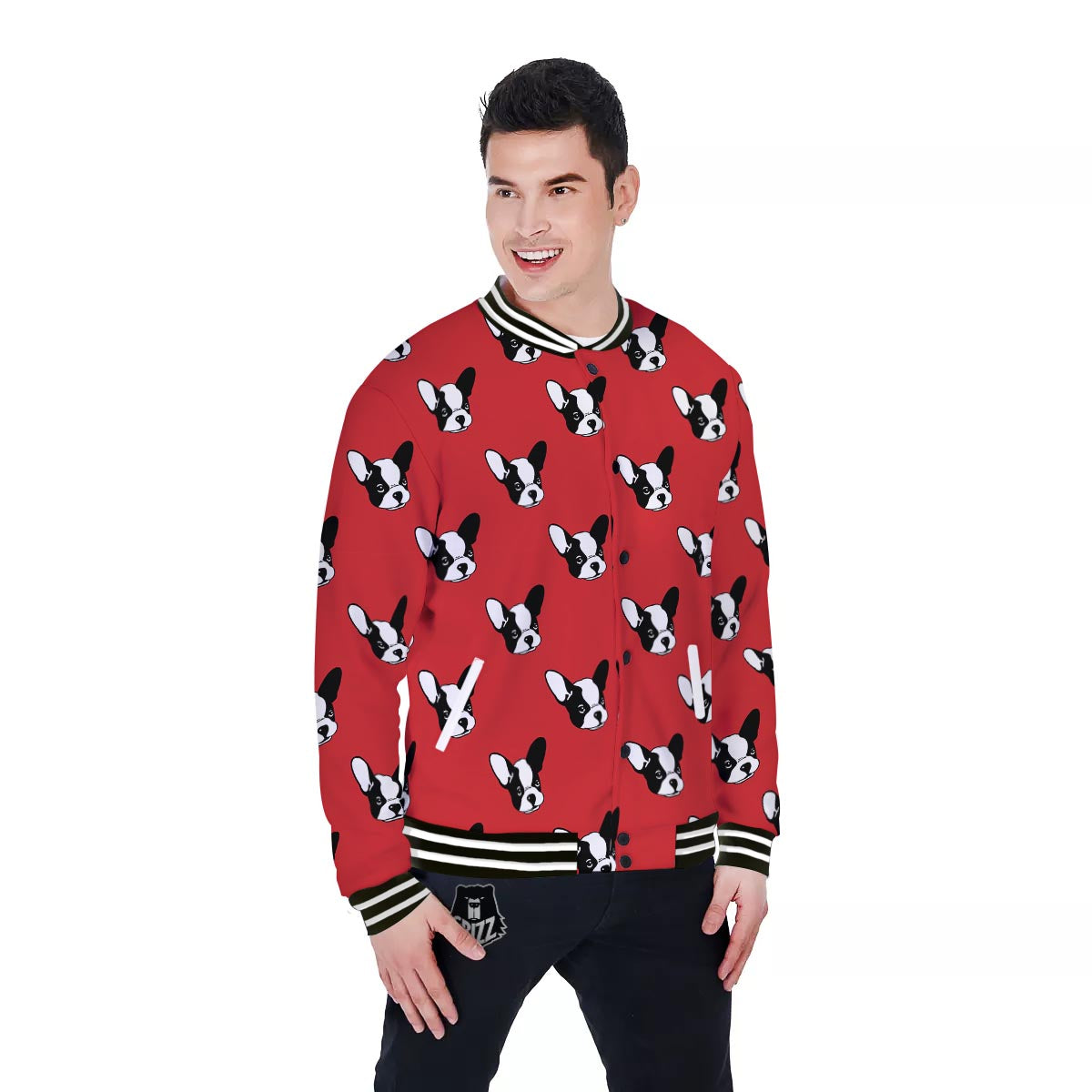 Bulldog Red French Print Pattern Baseball Jacket-grizzshop