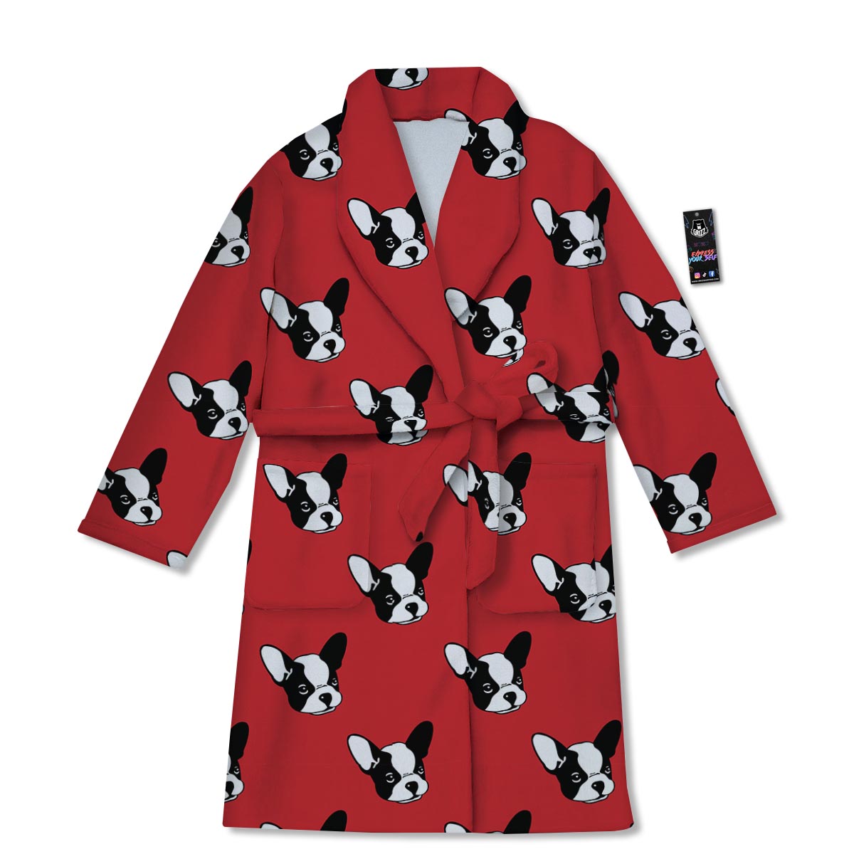 Bulldog Red French Print Pattern Bathrobe-grizzshop